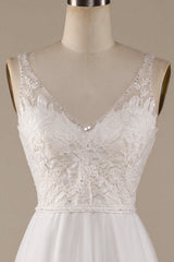 Ivory A Line V-Neck Tulle Sweep Train Wedding Dress with Lace Open Back