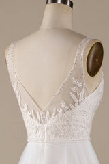 Ivory A Line V-Neck Tulle Sweep Train Wedding Dress with Lace Open Back