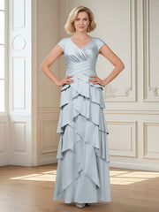 Pleated V-neck Cap Sleeve A-Line Tiered Long Dress Mist