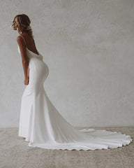 Aimishang Elegant Simple Mermaid V-Neck Satin Long Wedding Dresses Solid Color