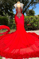 Diepe V-hals zeemeermin Ruby Feather Silver Beaded Prom-jurken