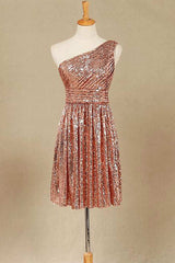 Roségouden pailletten one-shoulder korte bruidsmeisje jurk