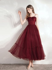 Burgundy tulle tea length prom dress, burgundy evening dress