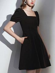 Simple satin black short prom dress, black homecoming dress