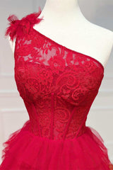 One-Shoulder Red Lace A-Line Tiered Prom Dress with Ruffles