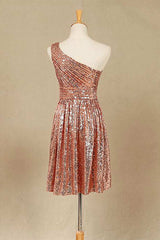 Roségouden pailletten one-shoulder korte bruidsmeisje jurk