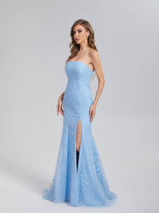 Trumpet/Mermaid Strapless Appliques Lace Prom Dresses