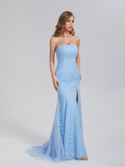 Trumpet/Mermaid Strapless Appliques Lace Prom Dresses