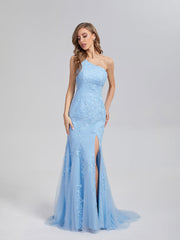 Trumpet/Mermaid One Shoulder Prom Dresses with Trailing
