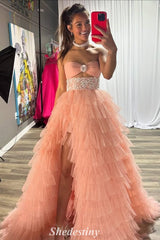 Blush Strapless Corset A-Line Layered Fitted Prom Dress with Slit