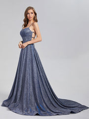 A-Line Court Train Sparkly Criss Cross Prom Dresses
