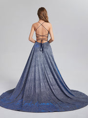 A-Line Court Train Sparkly Criss Cross Prom Dresses