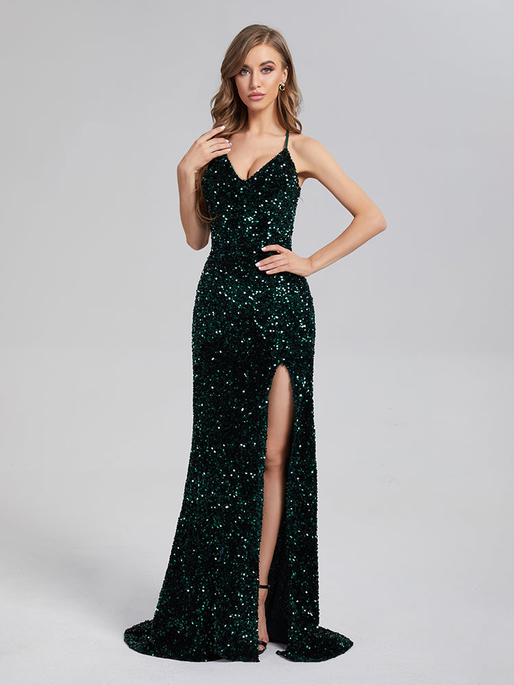 Trumpet/Mermaid Sparkly V-neck Backless Sequins Prom Dresses With Split