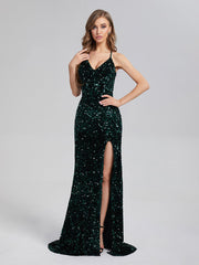 Trumpet/Mermaid Sparkly V-neck Backless Sequins Prom Dresses With Split
