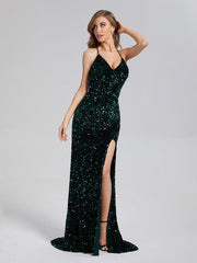 Trumpet/Mermaid Sparkly V-neck Backless Sequins Prom Dresses With Split