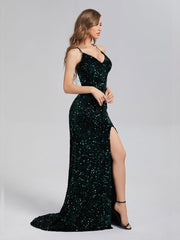 Trumpet/Mermaid Sparkly V-neck Backless Sequins Prom Dresses With Split