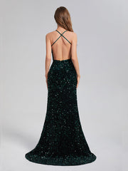 Trumpet/Mermaid Sparkly V-neck Backless Sequins Prom Dresses With Split