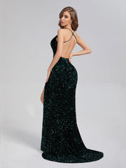 Trumpet/Mermaid Sparkly V-neck Backless Sequins Prom Dresses With Split