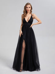 A-Line V-neck Tulle Prom Dresses With Split