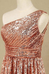 Roségouden pailletten one-shoulder korte bruidsmeisje jurk