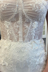 White Lace Square Neck Trumpet Long Wedding Dress