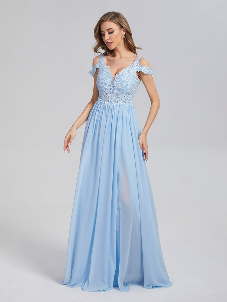 A-Line Off the Shoulder Appliques Chiffon Prom Dresses