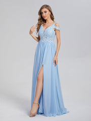 A-Line Off the Shoulder Appliques Chiffon Prom Dresses