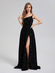 A-Line Charming One Shoulder Sequins Prom Dresses