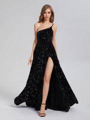A-Line Charming One Shoulder Sequins Prom Dresses