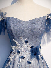 Blue tulle lace long prom dress, blue tulle lace bridesmaid dress