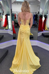 Yellow Sweetheart Mermaid Applique Slit Long Prom Dress