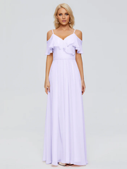 Thin shoulder strap ruffled chiffon and floor length bridesmaid dress