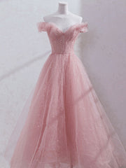 Pink off shoulder tulle tea length prom dress, pink tulle evening dress