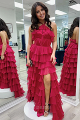A-line Halter Keyhole Ruffle Tiered formal dresses Bridesmaid Dresses evening gown Prom Dress