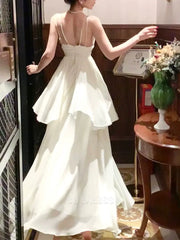 A Line Spaghetti Straps Ivory Long formal dresses Bridesmaid Dresses evening gown Prom Dress With Layers