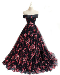 Charming Black Floral Tulle A-line Party Dress, Prom Dress