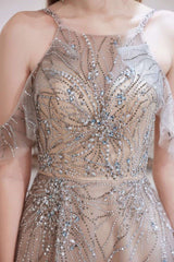 Gray Tulle A-line Spaghetti Straps Beaded Long Prom Dress