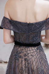 Navy Blue Tulle Beaded Off-the-Shoulder Floor Length Prom Dress