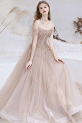 A-Line Champagne Tulle Off-the-Shoulder Prom Dress with Sequins