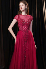 Red Tulle Cap Sleeve Round Neck Floor-length Prom Dress
