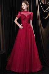 Burgundy A-line Tulle High Collar Long Prom Dress with Sequins