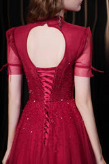 Burgundy A-line Tulle High Collar Long Prom Dress with Sequins