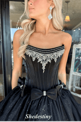 Empire-Waist Black A-Line Sparkly Prom Dress with Rhinestone
