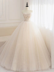 Champagne tulle sequin beads long prom dress, champagne evening dress