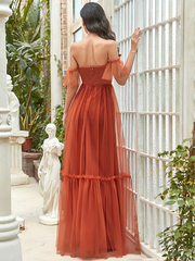 A-Line Strapless Floor Length Tulle Bridesmaid Dress with Ruffles