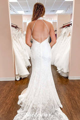 Lace White Halter Mermaid Sweep Train Wedding Dress with Sleeveless