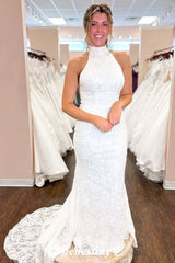 Lace White Halter Mermaid Sweep Train Wedding Dress with Sleeveless