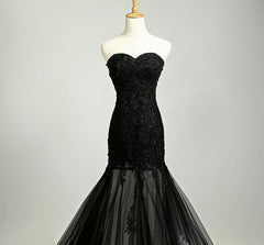 Custom Made Sweetheart Neck Mermaid Black Lace Prom Dresses with Sweep Train, Black Lace Formal Dresses