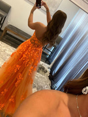 Orange tulle lace long prom dress, orange tulle formal evening dress