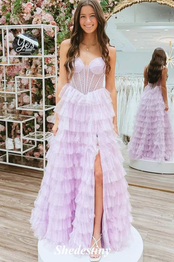 Spaghetti Straps Lilac Beaded A-Line Layered Fluffy Prom Dress with Slit
